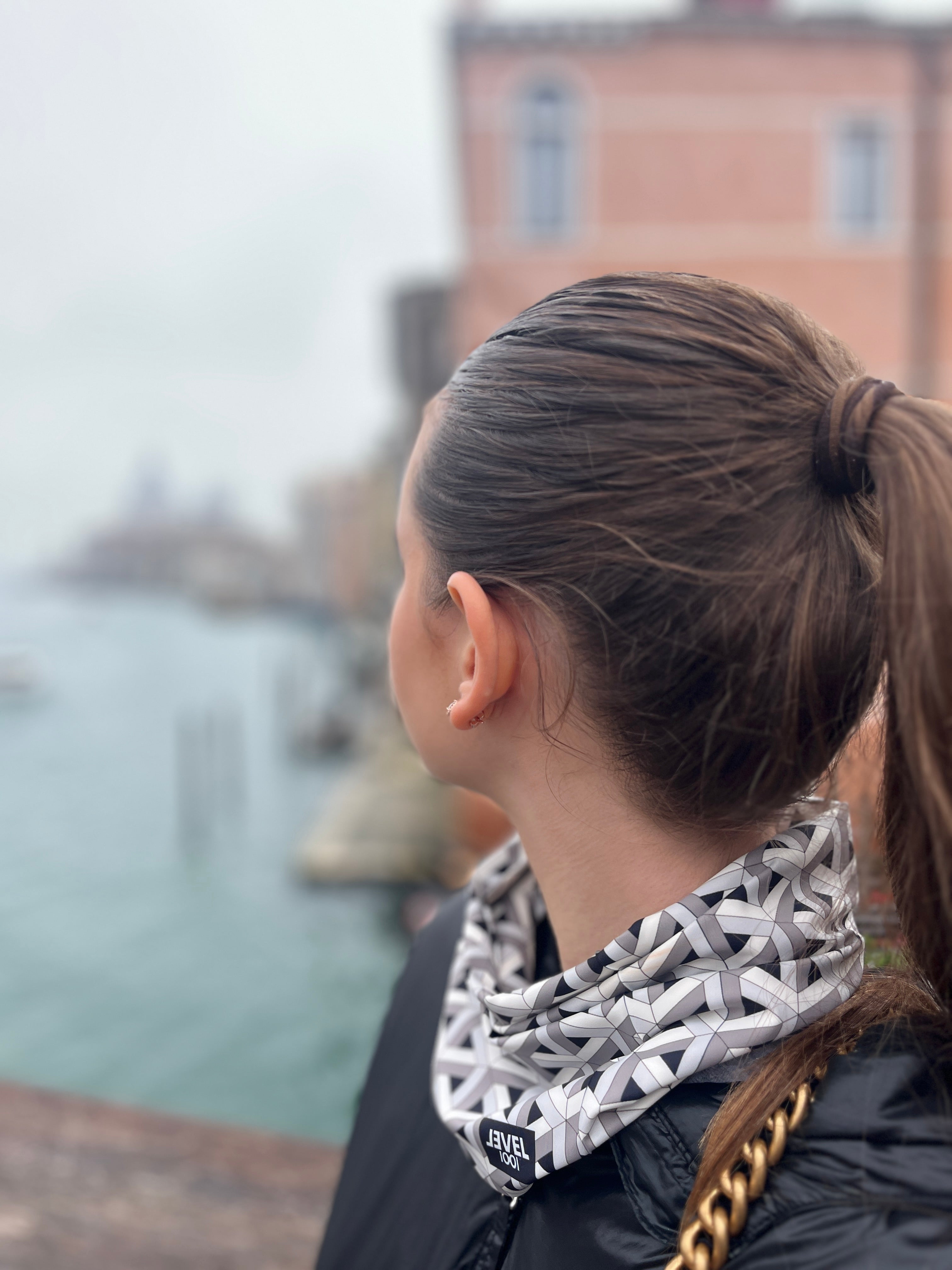girl wearing geometric and elegant neckwear