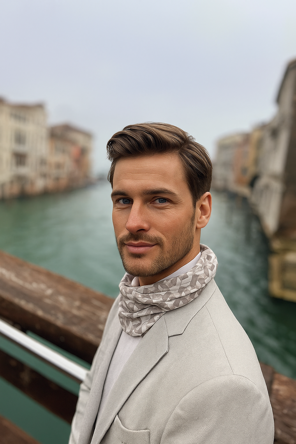 Man wearing elegant geometric neckwear in Venice