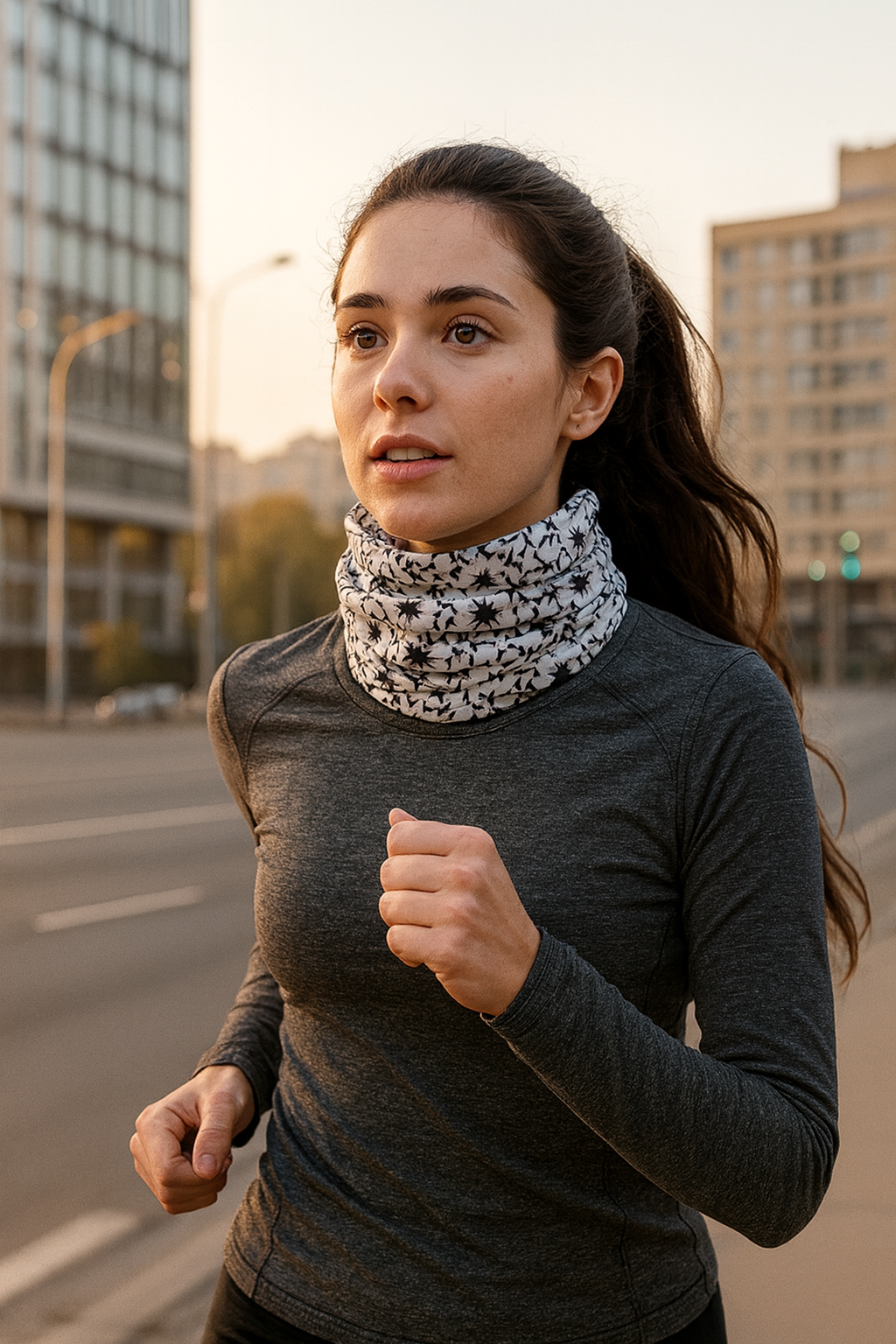 Young brunette jogging while wearing Level 1001 neckwear