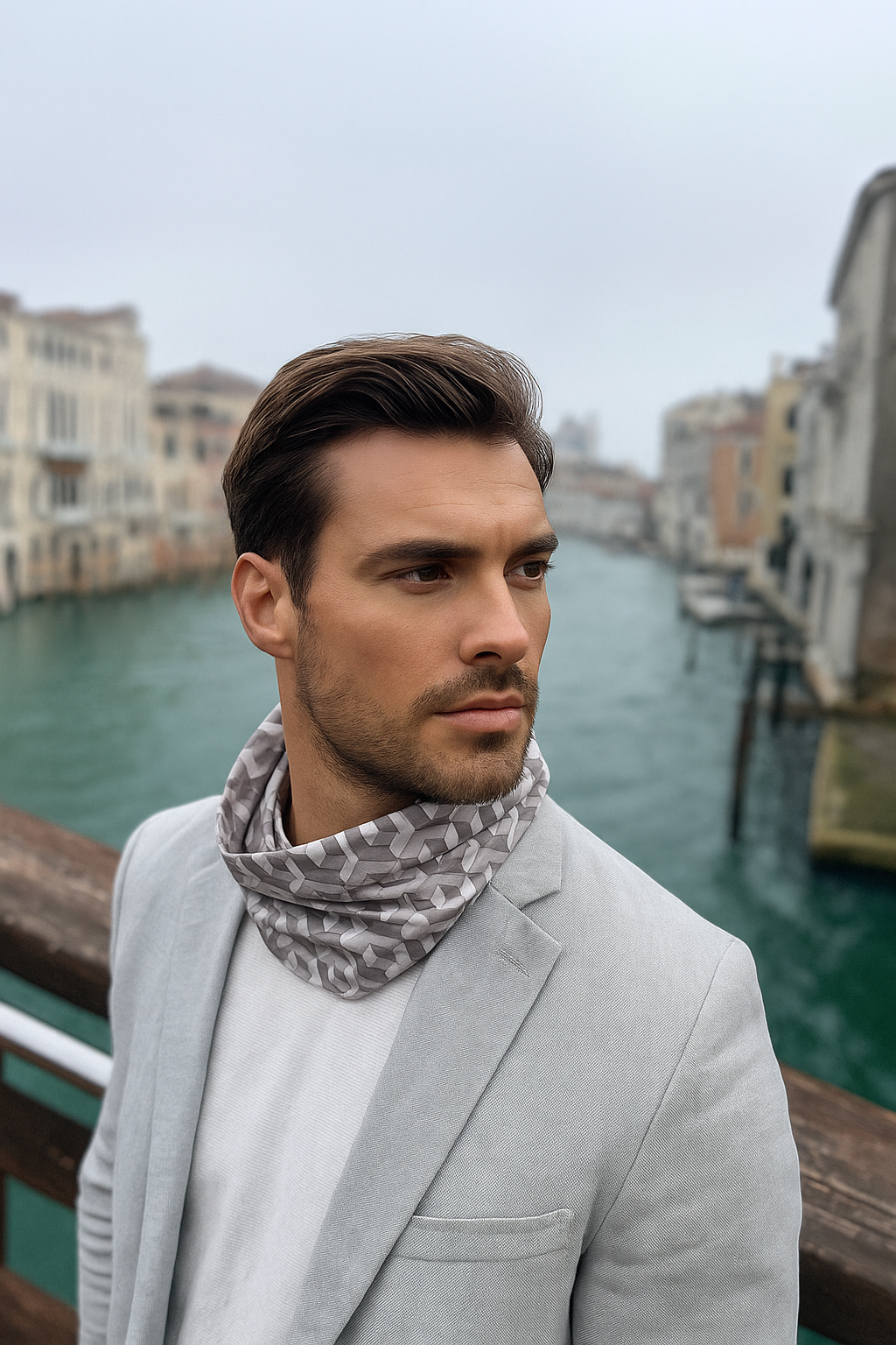 Man wearing elegant geometric neckwear in Venice