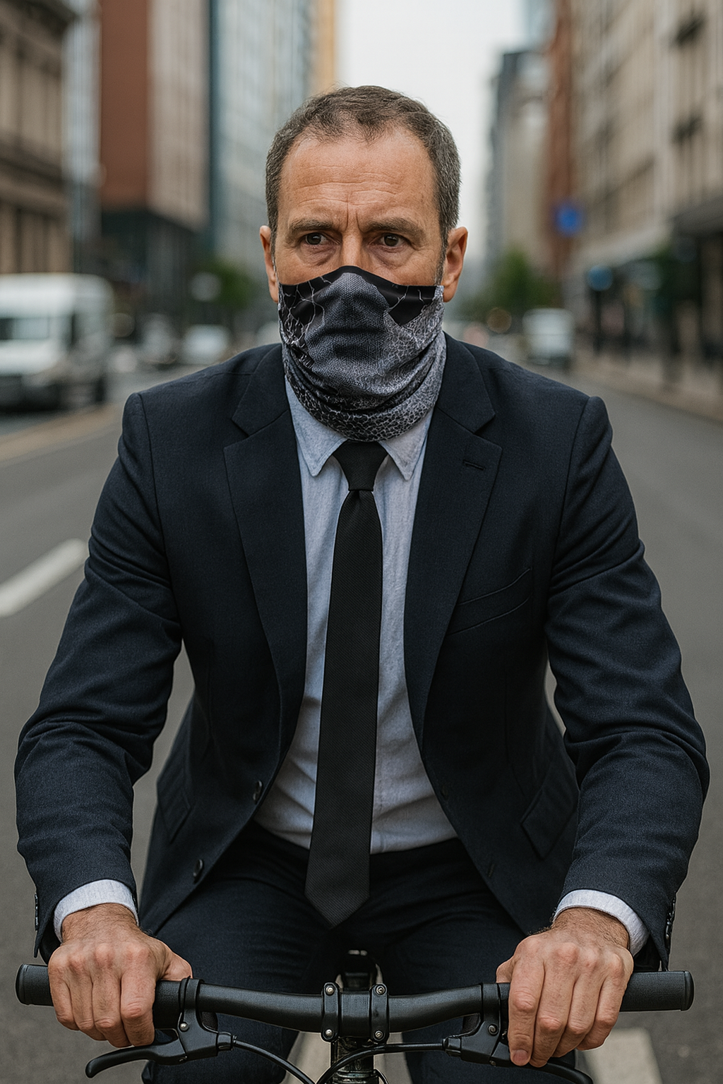 Image of a C-level executive manager cycling to work and ready for his daily heist