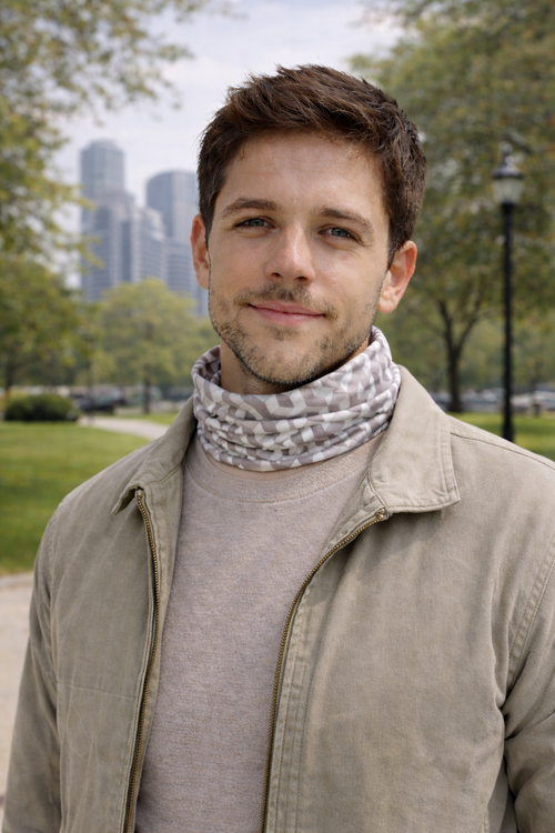 a boy wearing Level 1001 neckwear in a park