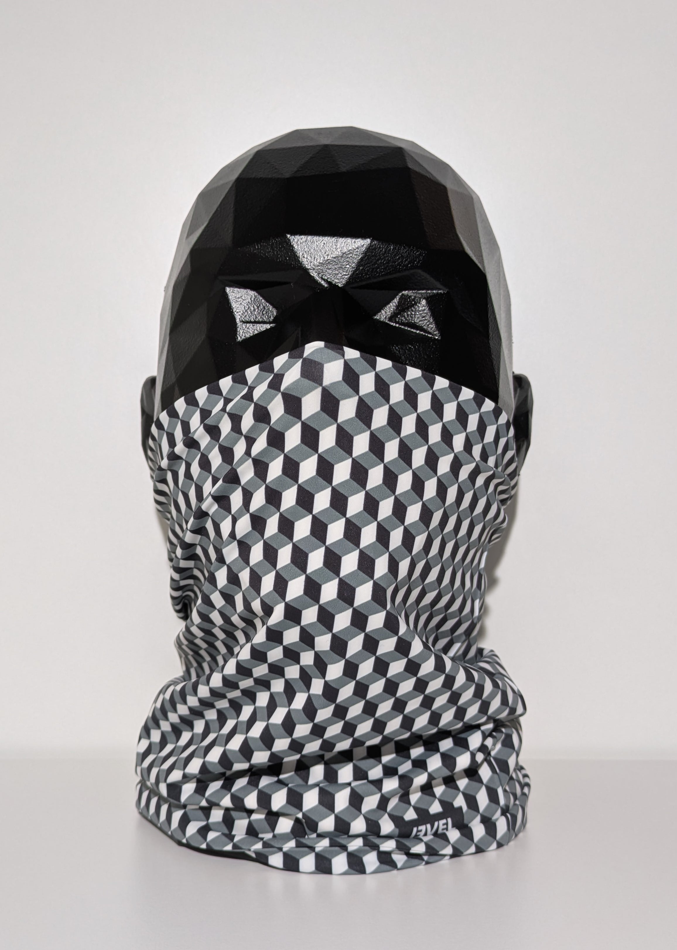 level 0001 model neckwear on mannequin head.