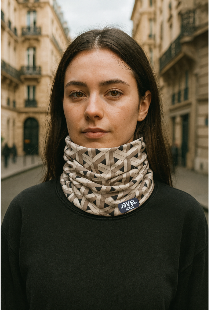 Young woman wearing a Level 1001 neckwear with geometric pattern